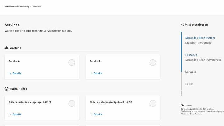 Serviceauswahl bei Terminvereinbarung